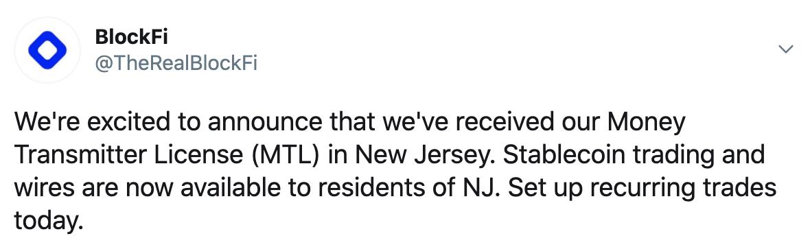 BlockFi has a transfer license in New Jersey, United States.