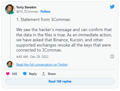 3Commas CEO 在 CZ 发出警告后确认 API 密钥泄漏