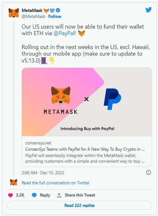 MetaMask 推出的 PayPal 集成功能 可用于以太坊购买