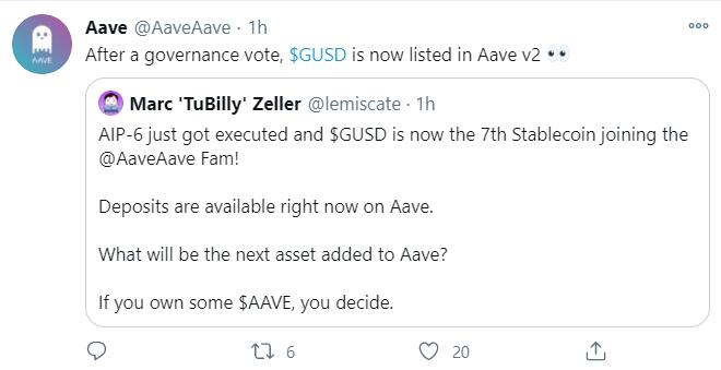 Aavev2已将GUSD列入借贷资产