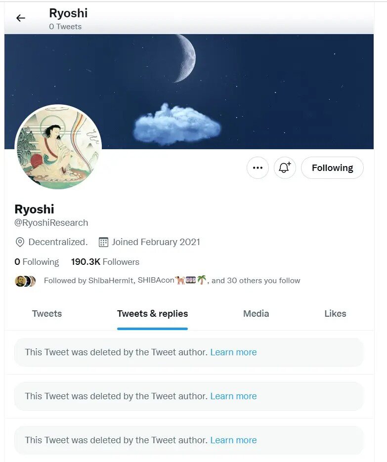 柴犬币匿名创始人Ryoshi删除所有推特内容和Medium文章