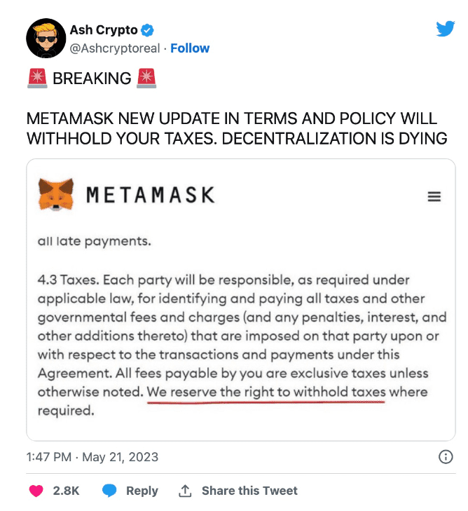 不，MetaMask不会扣留您的加密来征税