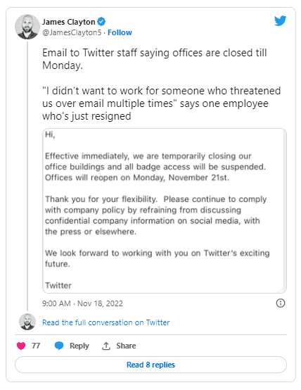 推特关闭办公室，员工辞职，而用户关注去中心化的选择