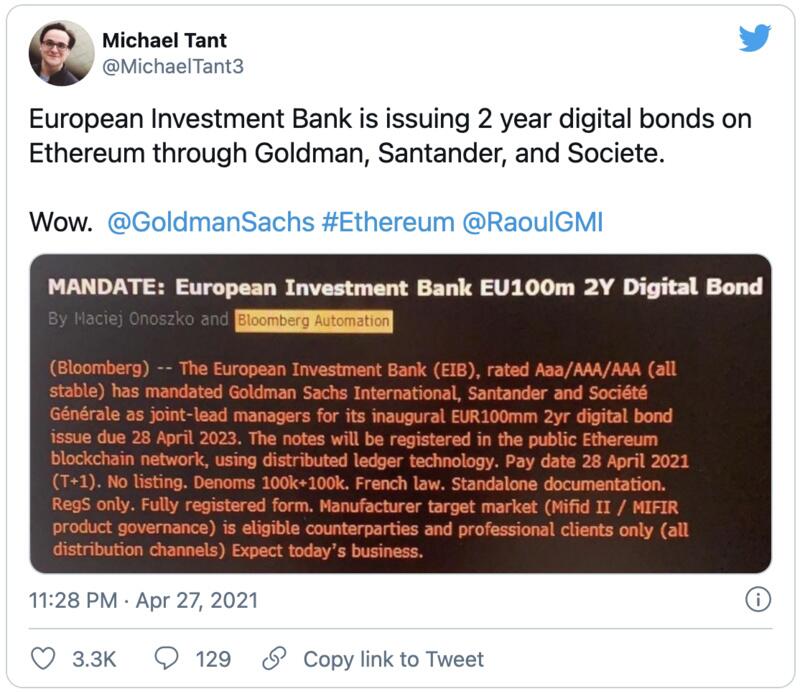 欧洲投资银行发行1.21亿美元数字债券消息后，以太坊高歌猛进