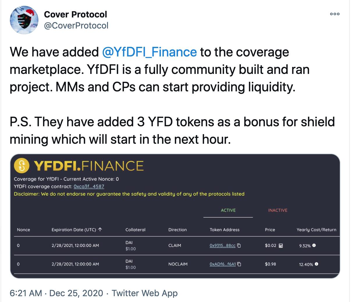 CoverProtocol adds YfDFIinance to the insurance market