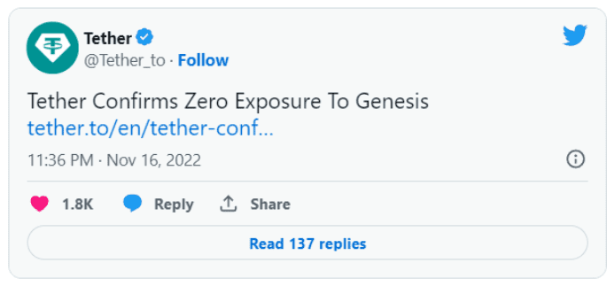 Tether 表示没有接触 Genesis Global 或 Gemini Earn
