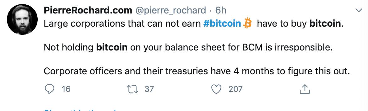 BitcoinAdvisory创始人：不能赚取比特币的大公司必须购买比特币