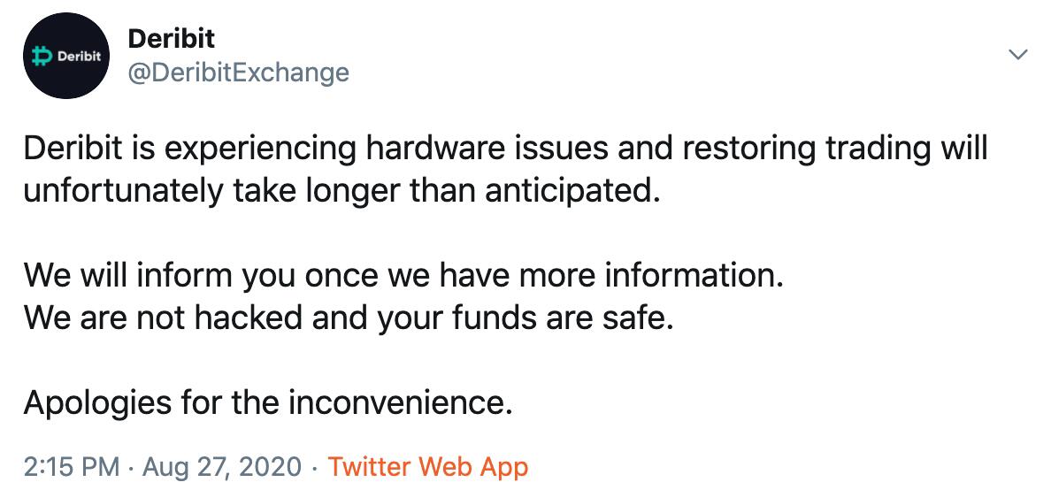 Deribit trade halted due to a hardware issue