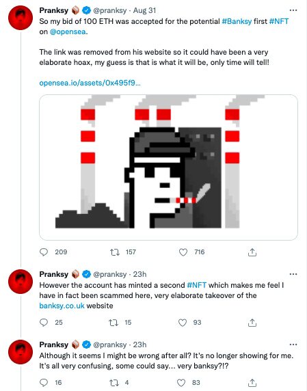 黑客在Banksy官网给虚假NFT打广告 收藏大佬也“中招”了