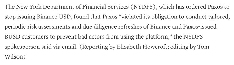美国解释禁BUSD原因：Paxos未能对币安、稳定币用户做好风险评估