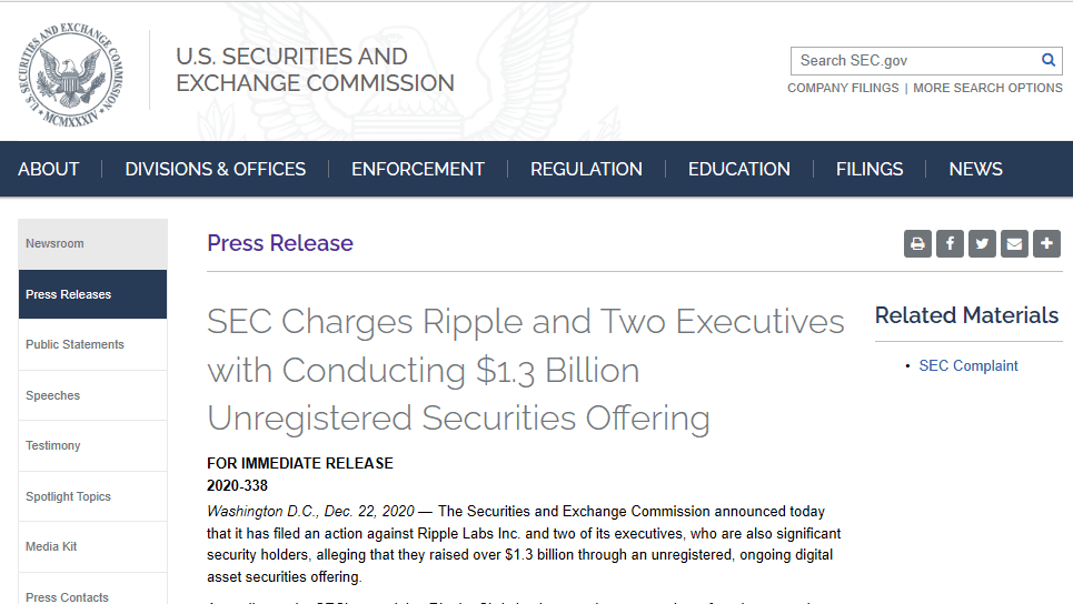 SEC对Ripple提起13亿美元的诉讼，XRP价格日内暴跌23%