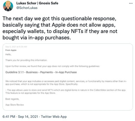 苹果App Store又“作妖”，以太坊钱包Gnosis因NFT功能无法发布