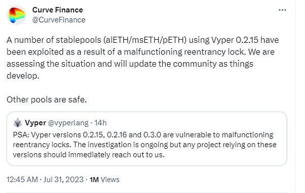 多个项目因Vyper重入锁漏洞造成的损失已超5900w美元 你的资金还安全吗？