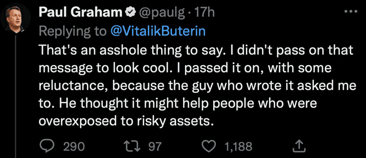V神回呛YC联合创始人Paul Graham昨推文加密货币危机说