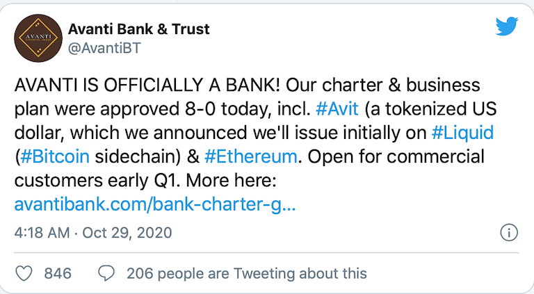 继Kraken之后，Avanti成为美国第二家加密货币银行