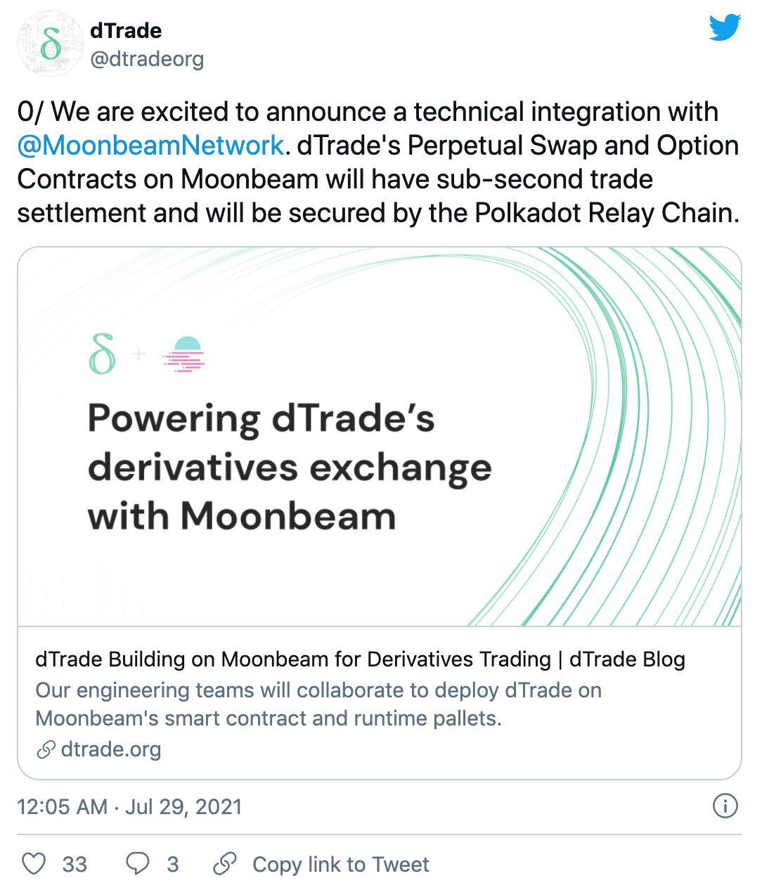 Polkadot Moonbeam 支持dTrade，成为交易速度最快的DEX