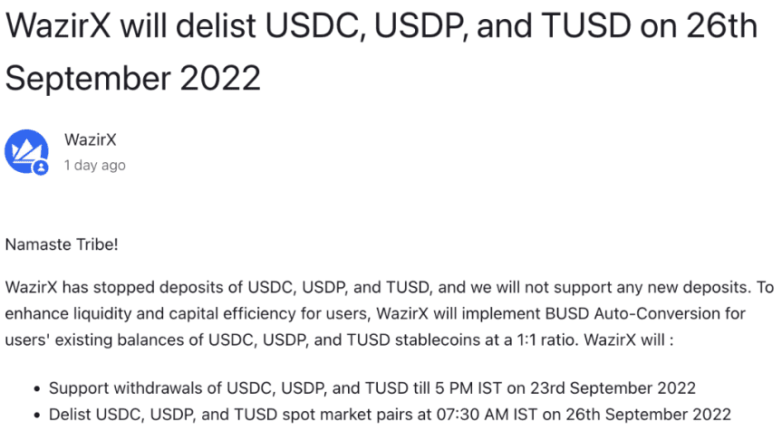 WazirX跟进币安BUSD政策：停止支持USDC、USDP、TUSD入金