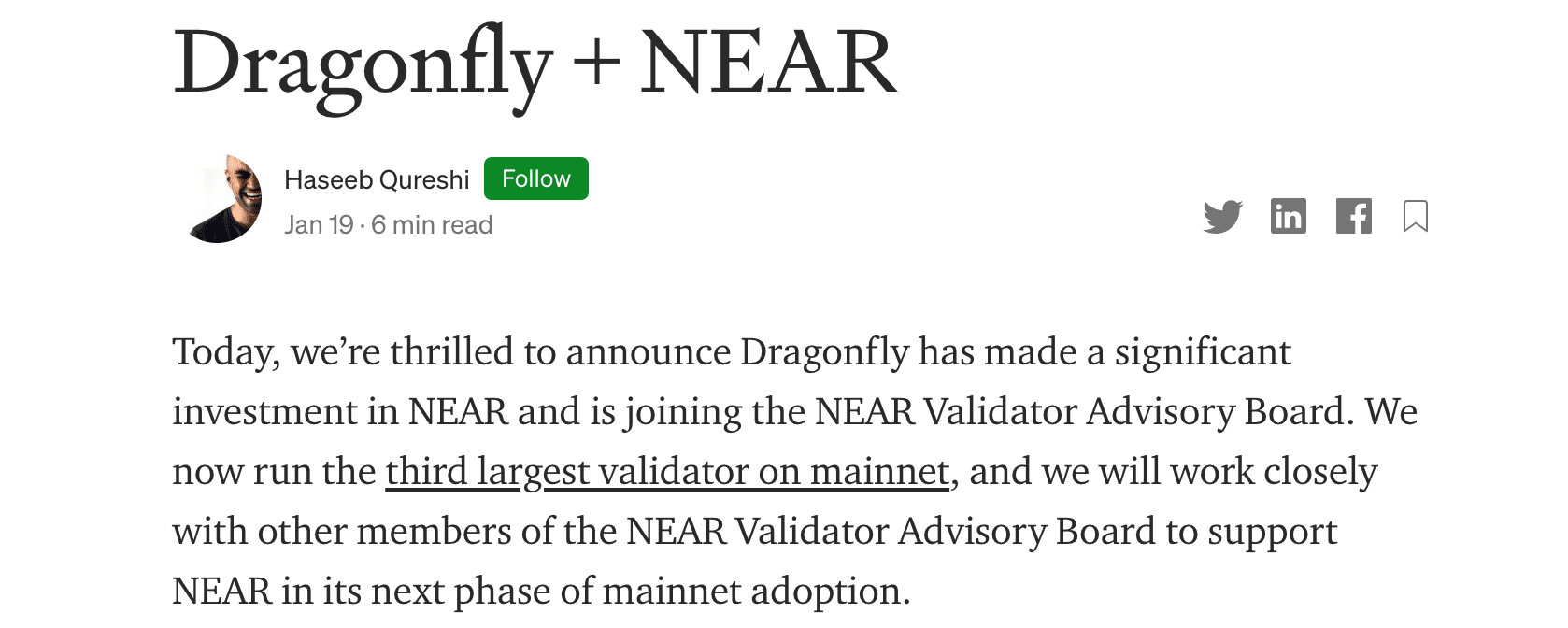 加密风投Dragonfly Capital宣布已投资NEAR，成为主网第三大验证节点