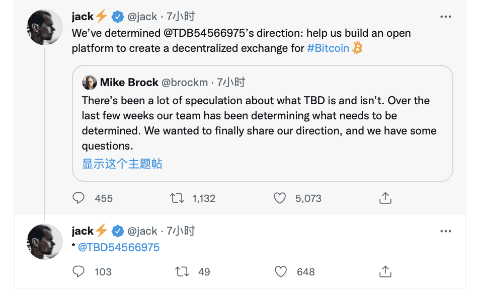 推特CEO Jack Dorsey：将为比特币创建去中心化交易所（DEX）