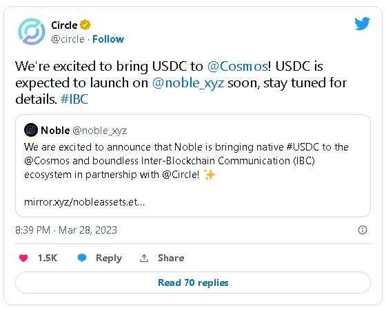 Circle 宣布通过 Noble 网络为 Cosmos 推出 USDC