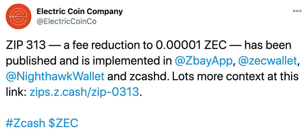 Zcash已发布ZIP313，将交易费用降至0.00001ZEC