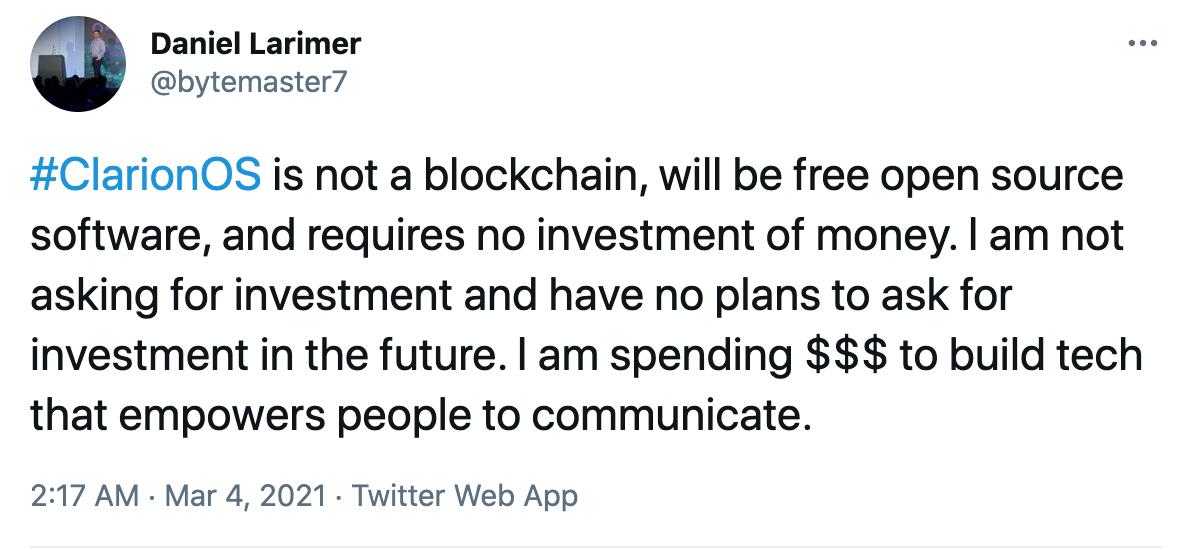 BM：ClarionOS不是区块链，不需要任何投资