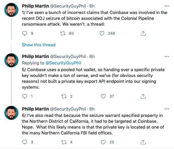 Coinbase安全官Philip Martin澄清：Coinbase并未参与美国司法部扣押比特币