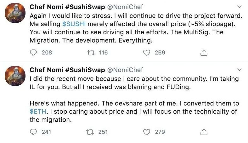 SushiSwap创始人套现1.8万枚ETH，SUSHI遭腰斩暴跌90%否认跑路!