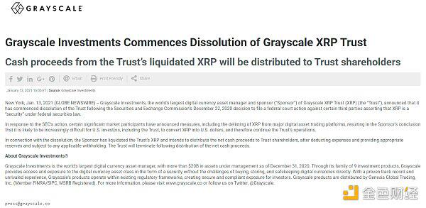 灰度投资：正式解散XRP信托 已清算完XRP