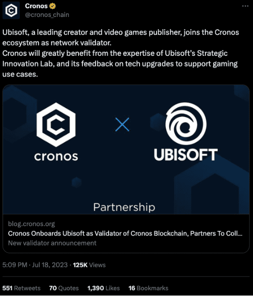 Ubisoft和Crypto.com旗下公链Cronos就链游及GameFi展开合作