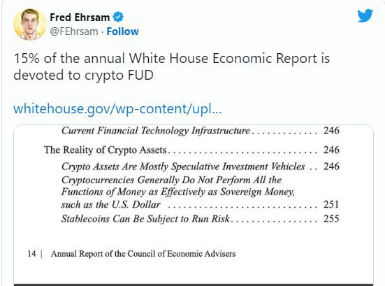 “加密货币 FUD”——白宫报告猛烈抨击加密货币，业界愤怒