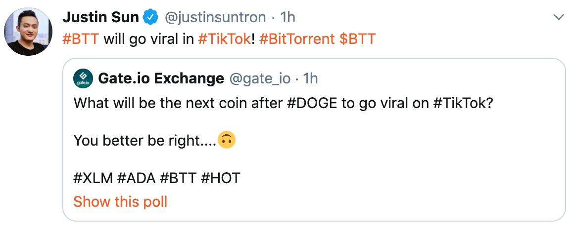 孙宇晨：BTT将在TikTok上进行病毒式营销