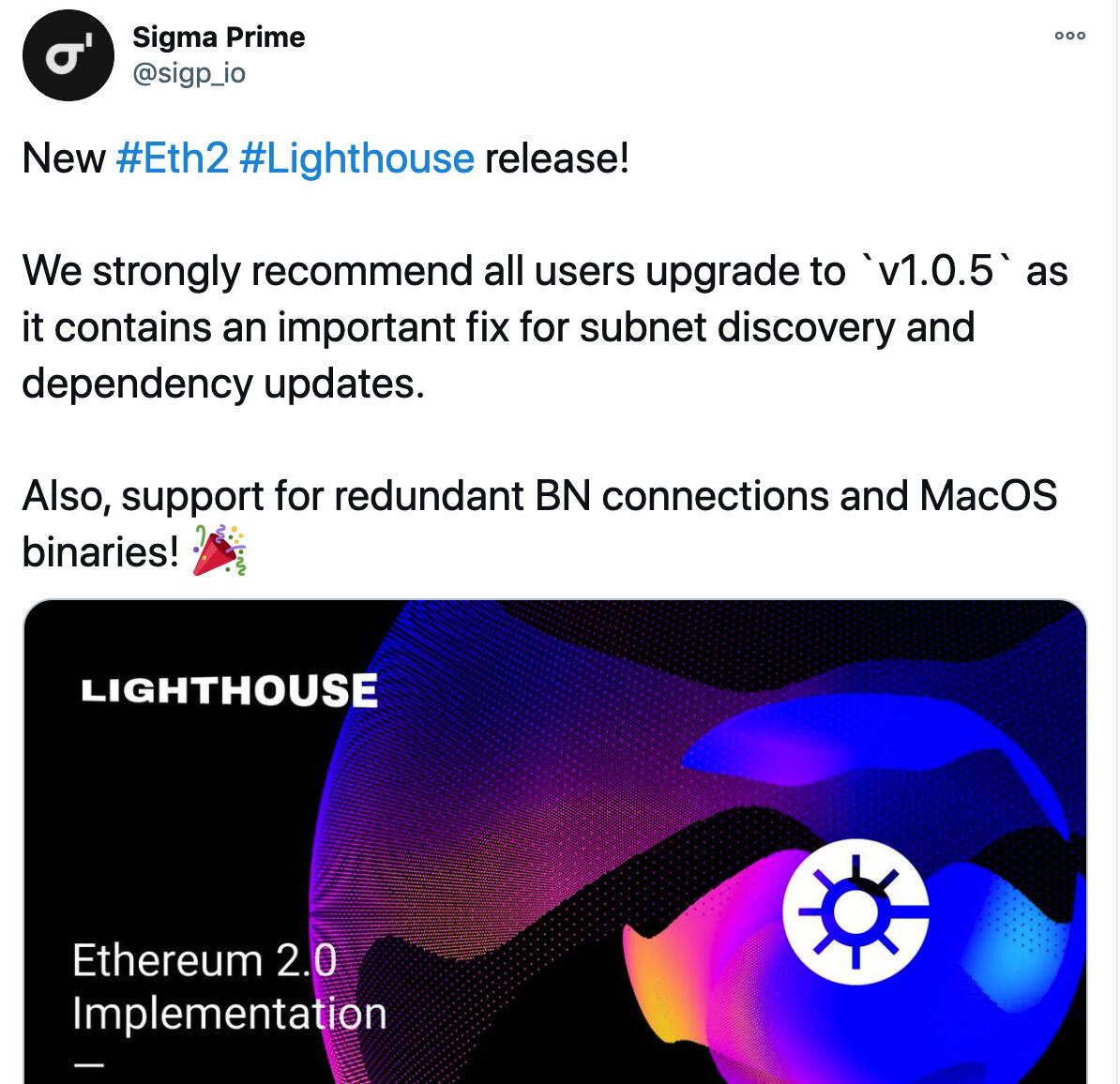 Sigma Prime annonce Ethereum 2.0 Client Lighthousev 1.0.5