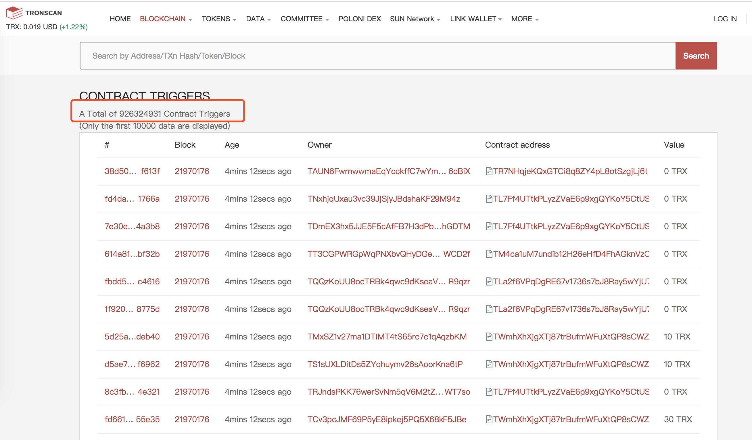 TRON网络智能合约调用已达926324931次