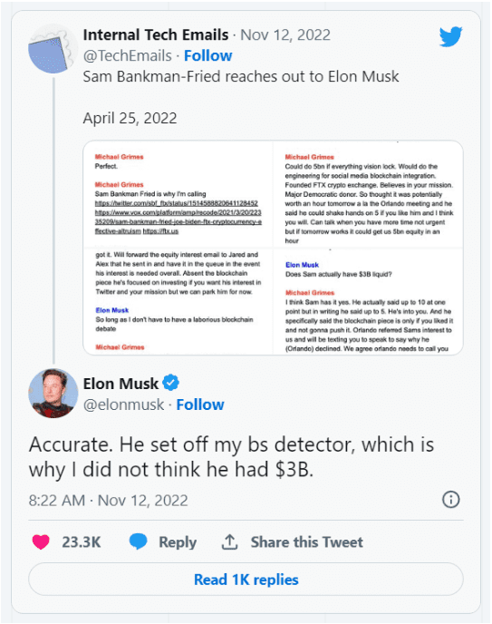 Elon Musk：Sam Bankman-Fried 在接近 Twitter 投资时“启动了我的 BS 探测器”