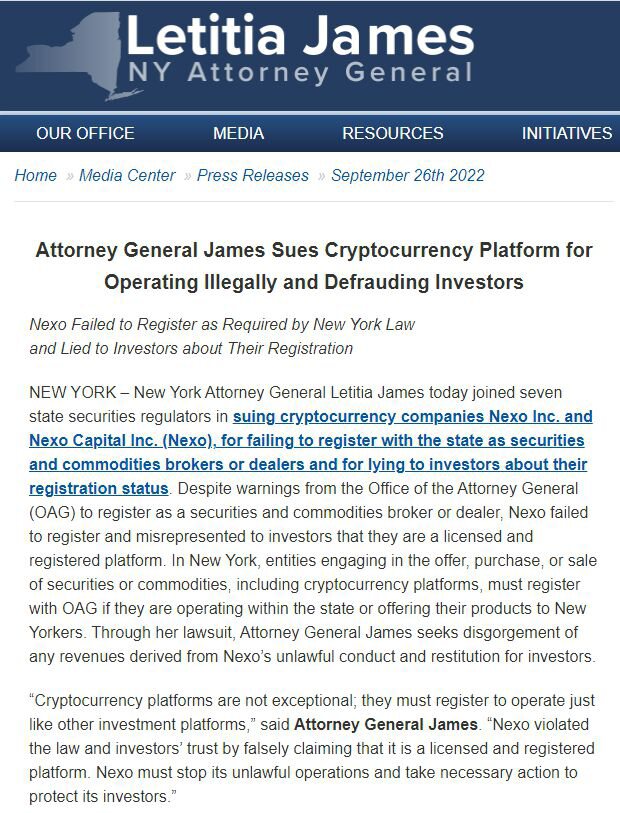 加密货币平台Nexo已被美国八个州的证券监管机构提起诉讼
