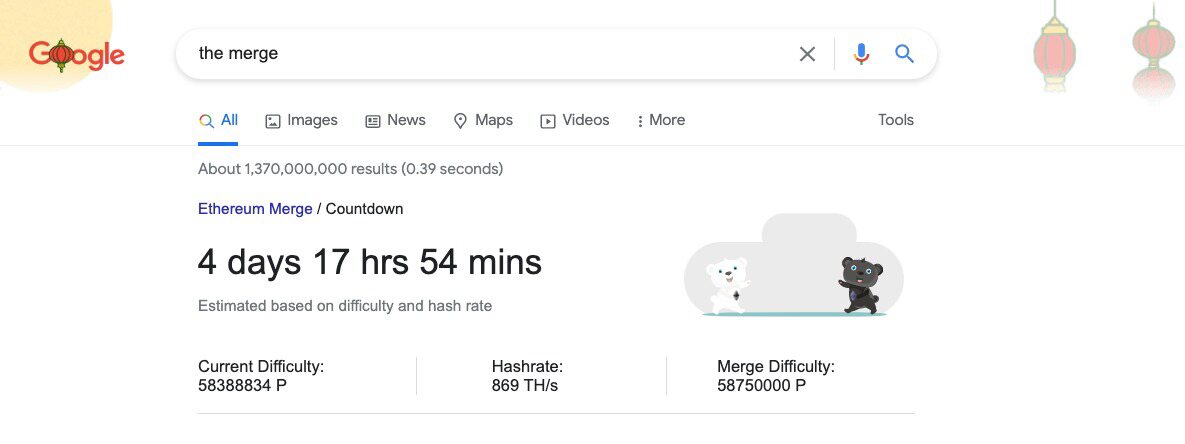 谷歌搜索提供以太坊合并倒数计时！显示距离不到5天