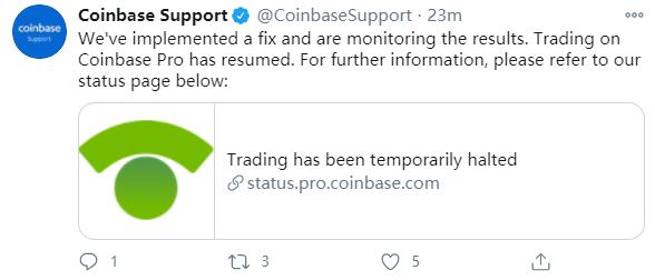 CoinbasePro平台交易已恢复