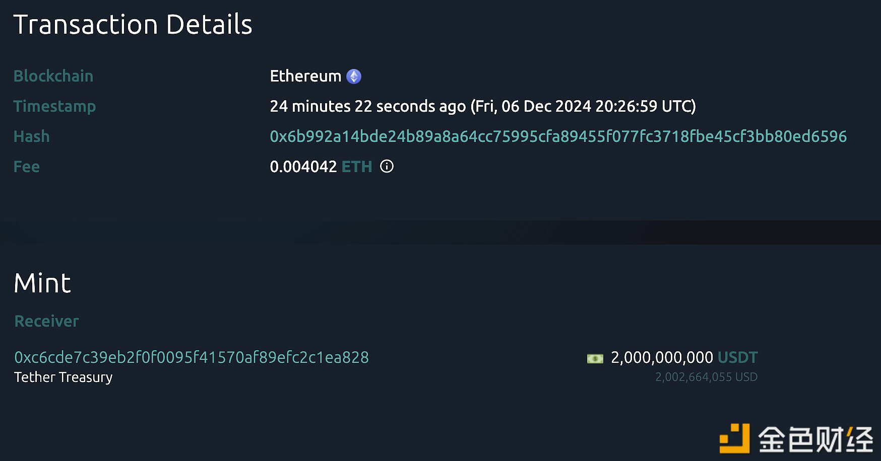 Tether在以太坊网络铸造20亿枚USDT