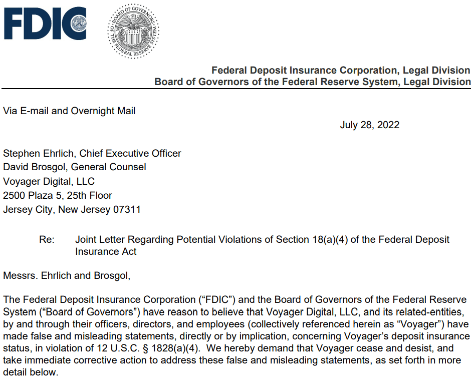 Fed警告Voyager Digital！要求停止对FDIC存款保险做虚假宣传