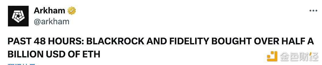 过去48小时内贝莱德和富达买入价值超5亿美元ETH