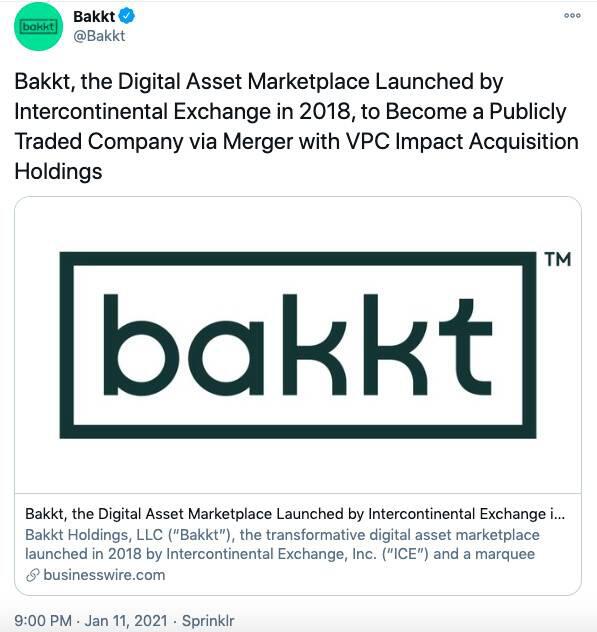 Bakkt将通过SPAC合并上市，估值达21亿美元