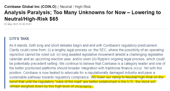 花旗：在美国规则明确之前，Coinbase 股票将被“打压”