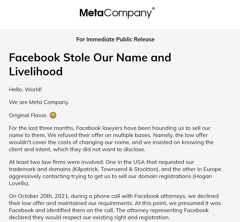 美国科技公司Meta Company拟状告Facebook侵权