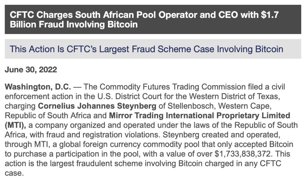 CFTC指控南非17亿美元比特币庞氏骗局MTI！主谋已遭巴西拘留