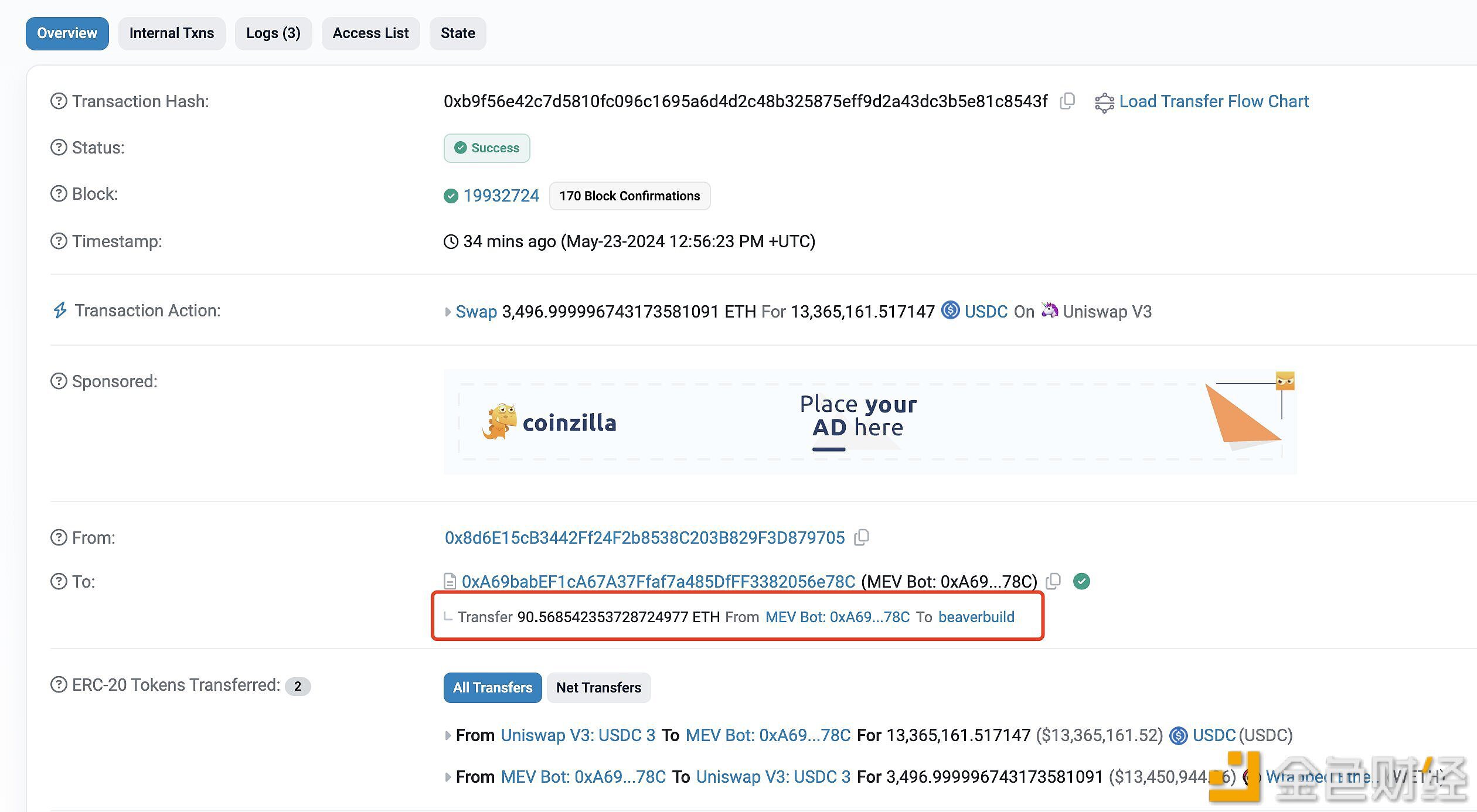 MEV交易公司SymbolicCapitalPartners在20:56出售6968枚ETH，价值2738万美元