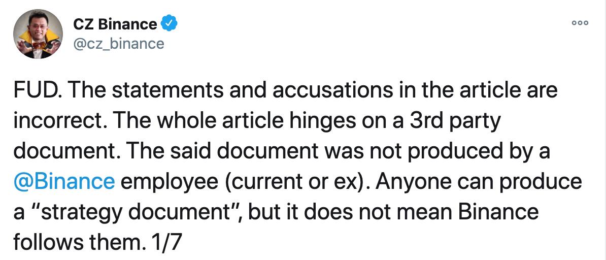 赵长鹏发推否认福布斯报道，称文件并非币安员工撰写