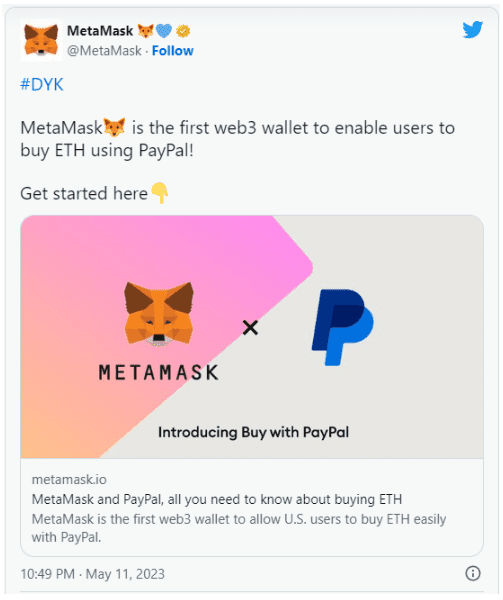 MetaMask 允许美国用户使用 PayPal 购买 ETH