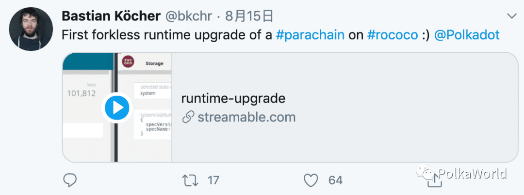 波卡平行链测试网 Rococo 完成runtime无分叉升级