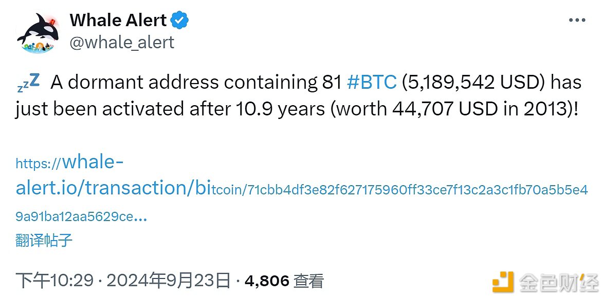 一持有81枚BTC的地址在休眠10.9年后被重新激活